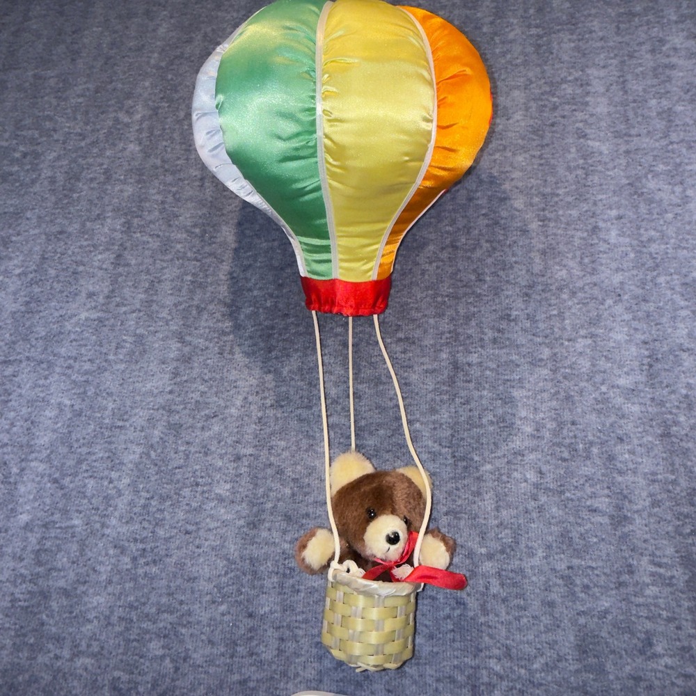 Vintage Russ Berrie Teddy Bear Hot Air Balloon Hanging Decor Rainbow Satin 1344